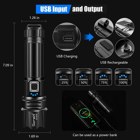 Ultra Bright LED Flashlight With 50,000 Lumens And A 3937 Foot Beam, USB C Rechargeable, showing charging ports