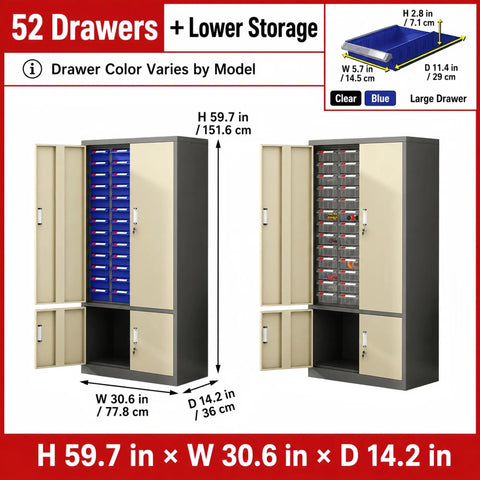 Heavy Duty Tool Storage Cabinet With Drawers And Lockable Lower Compartment Enclosed Upper Zone To Keep Small Parts Dust Free Thick Steel Construction Rugged Garage Workshop Organizer For Tools Hardware And Accessories, 59.7 x 30.6 x 14.2 in