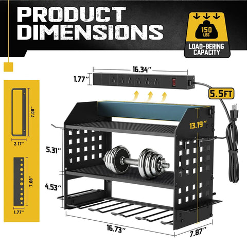 Dimensions of Power Tool Organizer With Built In Charging Station Six Outlets And Three Layer Wall Mounted Drill Storage Rack For Cordless Tools With Utility Shelf No Cable Chaos Garage Organization For Workshop Black