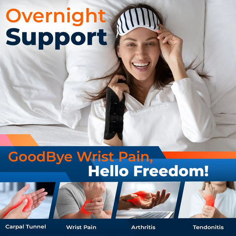Woman smiling wearing Adjustable Night Wrist Brace For Carpal Tunnel Pain Relief with Double Splint and Therapeutic Cushion