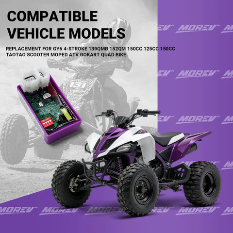 6 Pin DC CDI Ignition Module For GY6 Engines Dual Compatibility With 139QMB 157QMJ Scooters Kymco SYM Lance TaoTao Wolf Go Kart ATV DIP Switch Adjustable Spark For Smooth Daily Rides next to purple and white ATV.