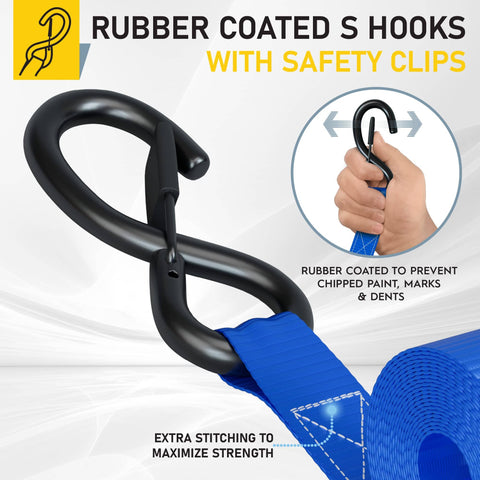 Beefed Up Heavy Duty Ratchet Straps 4 Pack 15 Ft Each 2200 Lb Break Strength With Safety Lock S Hooks closeup of rubber-coated hook and strap
