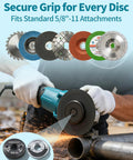 Person using an angle grinder with various discs; inset shows 2 Pack 5/8-11 Angle Grinder Flange Nuts With Tool Free Quick Change Locking Kit