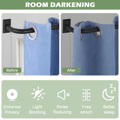 Two images showing before and after of room darkening effect with Wrap Around Blackout Curtain Rods 28 To 48 Inch Adjustable Window Rod Heavy Duty Curved French Metal Drapery Bar For Bedroom And Kitchen Matte Black Easy Install Room Darkening.