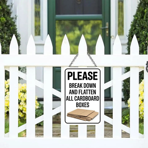 Metal Cardboard Recycle Sign 8 By 12 Inches Tough As Nails Heavy Duty All Weather Outdoor Indoor Durable Black And White Design Waterproof UV Resistant Dust Proof For Home And Shop Use on white fence
