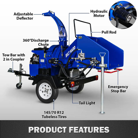8 Inch Gas Powered Hydraulic Feeding Wood Chipper Shredder Towable With Tow Bar Electric Start Emergency Stop Tail Light
