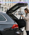 Woman placing Portable Level 1 Plus Level 2 EV Charger For Electric Cars into car trunk, travel scene.