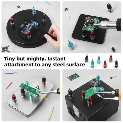 Magnetic PCB Holder Set For Soldering Six Piece Hands Free Work Station For Circuit Boards Electronics Repair Jewelry Craft And Hobby Pro Grade Lightweight Magnetic Base Pillar Stands For Precise Soldering in use
