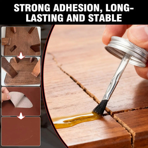 Heavy Duty Neoprene Contact Adhesive With Built In Brush applied to a cracked wooden surface for repairs.