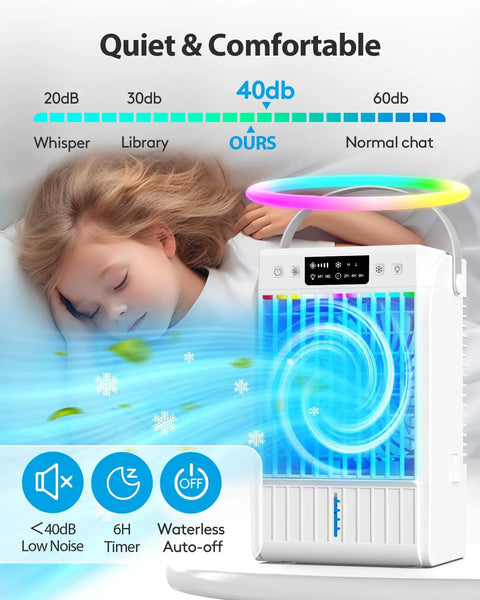Child sleeping next to a 4 In 1 Portable Air Conditioner And Fan With Humidifier For Room Office Desk Evaporative Mini Unit 1500ML Water Tank