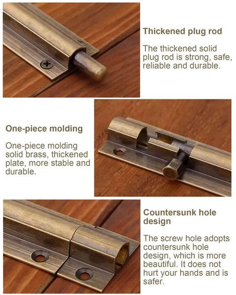 Close-up of Vintage Bronze Barrel Bolt Latch showing thickened plug rod, one-piece molding, and countersunk hole design.