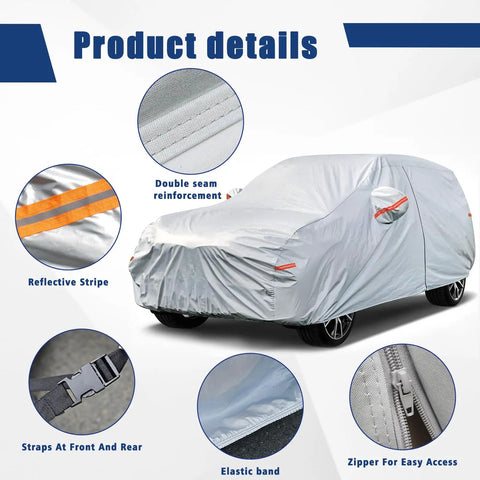 Six Layer SUV Car Cover With Custom Fit For Toyota RAV4 2006 Through 2025 All Weather Waterproof Rain Snow Sun UV Protection Heavy Duty Exterior Shield Silver with zipper, elastic band, and reflective stripe details.