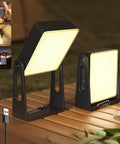 Two Pack Rechargeable Camping Lanterns With 4000mAh Batteries, Dimmable LED Light, 360 Degree Rotating Stand on table
