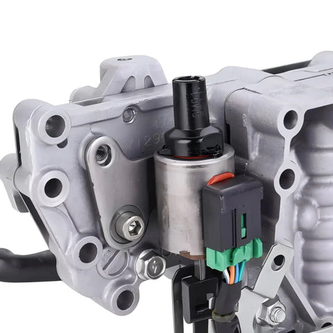 CVT transmission stepper motor mounted on aluminum housing with black plastic connector and wiring