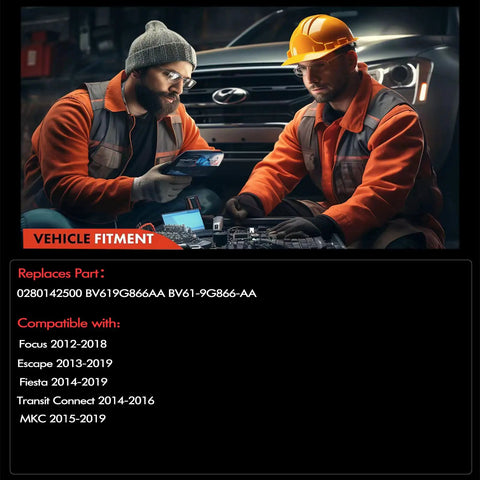 Two workers in orange uniforms checking vehicle parts, Direct OEM Replacement Vapor Canister Purge Valve 0280142500 details shown