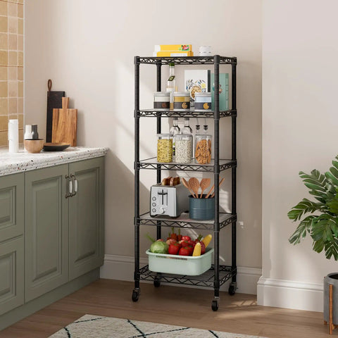 Solid Build Adjustable Wire Rolling Shelving Unit With Smooth Glide Casters And Moisture Resistant Steel Mesh For Clutter Free Closet Organization And No Hassle Multi Tier Storage Rack