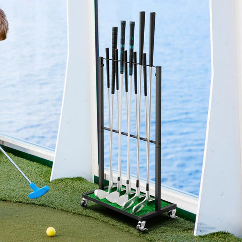 Sturdy Ten Club Golf Storage Rack Stand For Garage And Home Golf Simulator Holds Ten Clubs With Easy Display on grass mat