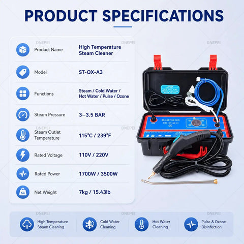 Powerful 1700W Portable Steam Cleaner With High Pressure Dry Vapor At 120 Degrees C, specifications view showing design and features.