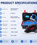 Dnepei Heavy Duty Steam Cleaner For Car Detailing 3500W High Pressure 110V Machine 100 To 120C Vapor With Tankless Continuous Feed Design specifications displayed in a portable case.