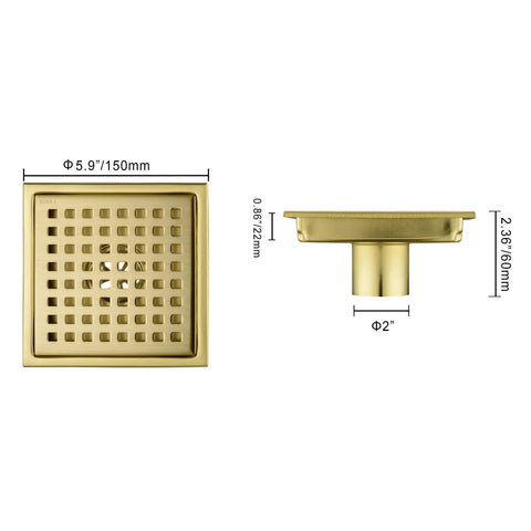 Six Inch Stainless Steel Square Shower Floor Drain With Threaded Adapter And Removable Cover Grid In Brushed Gold Finish