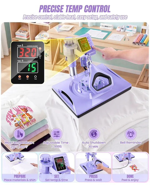 Precise temperature control display on 8 in 1 Heat Press Machine With Swing Away 12x15 Inch Shirt Press For Sublimation And Heat Transfer