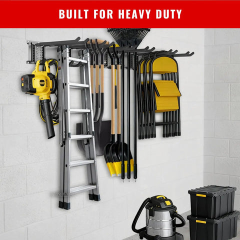 Heavy Duty Wall Mount Garage Tool Organizer System With 64 Inch Rail And 11 Adjustable Hooks for shovels, rakes, ladders