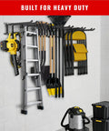 Built Tough 48 Inch Garage Tool Organizer Wall Mount With 6 Adjustable Hooks holding ladder and tools on white wall