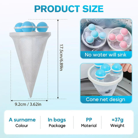 Floating Hair Filter Mesh For Washing Machine No More Hair Clogs Lint Catcher showing product size and design features.