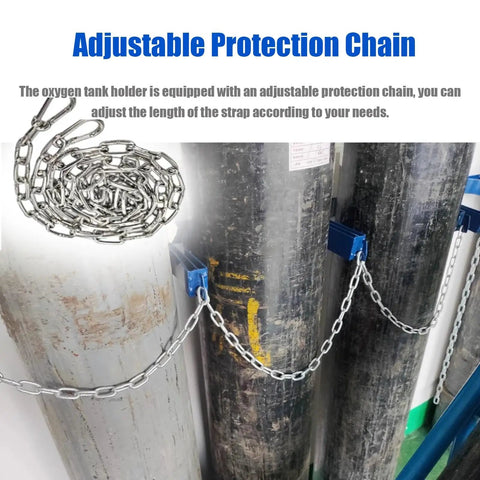 Adjustable protection chain for Heavy Duty Commercial Steel Gas Cylinder Wall Mount Bracket securely holds tanks.