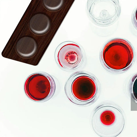 Nail The Perfect Pour Every Time With This Thick Clear Acrylic Wine Flight Paddle Template Router Drafting Stencil Reusable Precision Layout Tool For Bartenders And Craft Fans with wine glasses and a wooden paddle.