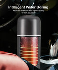 On The Go Electric Travel Mug With Fast Heating Element And Built In Magnetic Stirrer To Keep Your Daily Espresso Or Smooth Matcha Straight Up Hot All Day in car setting with visible heating element.