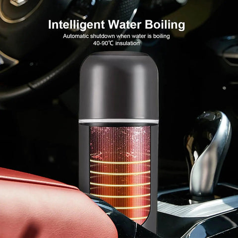 On The Go Electric Travel Mug With Fast Heating Element And Built In Magnetic Stirrer To Keep Your Daily Espresso Or Smooth Matcha Straight Up Hot All Day in car setting with visible heating element.