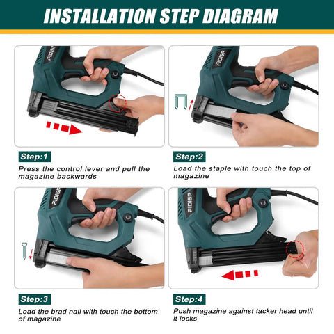 Installation steps for Heavy Duty Electric Brad Nailer And Staple Gun Handles 18 Gauge Fasteners with easy loading features.