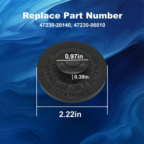 Durable Brake Master Cylinder Fluid Reservoir Cap Direct Fit For Toyota And Lexus Vehicles Including 4Runner Camry RAV4 Prius Avalon Scion IQ XB XD NX300 IS RC ES Replace Part 47230 20140 No Hassle Fit shown with dimensions 0.97in, 0.39in, 2.22in