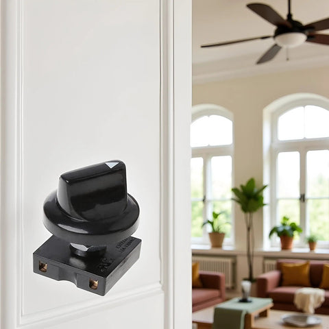 Ceiling Fan Rotary Switch Four Position Three Speed Selector With Push Button Control in modern living room setting.