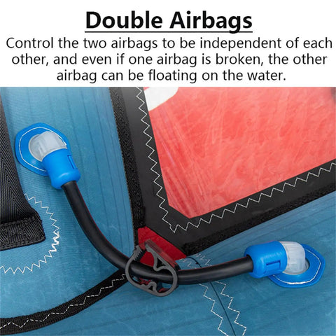 Close-up of the dual air bladders and safety valve on 4.2 Square Meter Windsurf Wing Foil Inflatable Handheld Wing For Wind Foiling Surfing And Water Play Built Tough With Oxford Cloth And PVC Waterproof Durable Dope Water Toy.