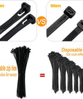 Comparison of Releasable Reusable 12 Inch Heavy Duty Zip Ties vs disposable ties, showing bundles and design differences.
