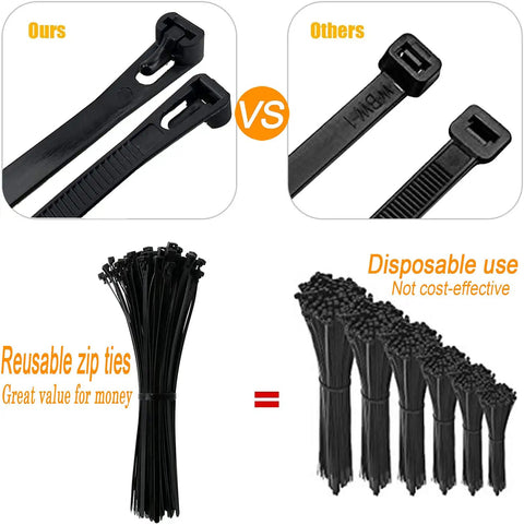 Comparison of Releasable Reusable 12 Inch Heavy Duty Zip Ties vs disposable ties, showing bundles and design differences.