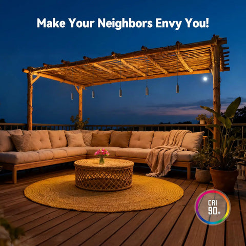 Low Voltage 12V Hanging Landscape Lights 5CCT LED Outdoor Pendant Lighting illuminating a gazebo at night with cozy seating.