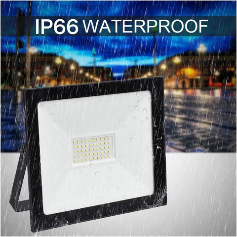 JUDYSSY Security Lights 30W Led Flood Light Outdoor Spotlight Floodlight Refle, Cool，Warm，Warm in a rainy setting showcasing IP66 waterproof features.