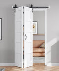 Double 24x84 Bi Fold Barn Doors White With 52 Inch Hardware Kit Waterproof PVC Surface For Closet installed in living room