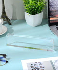 4 Pack Clear Acrylic Desk Name Plates Set With Double Sided Design, Personalized Office Name Tag Blocks on a desk
