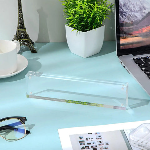 4 Pack Clear Acrylic Desk Name Plates Set With Double Sided Design, Personalized Office Name Tag Blocks on a desk