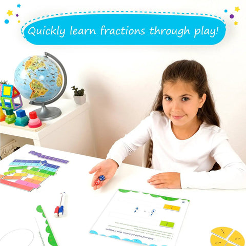 Child using 166 Piece Magnetic Fractions Kit for Hands On Math Learning, with fraction tiles and circles on a table.