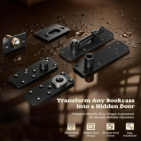 Hidden Door Pivot Hinge Heavy Duty Murphy Door Hardware With 580 Lbs Capacity Built To Handle Solid Wood Doors Sag Free For Secret Rooms And Fully Loaded Bookcases Invisible Design, black steel hinge parts