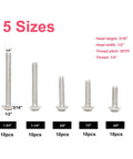 Heavy Duty 50 Piece 1/4 20 Phillips Pan Head Machine Screw Kit With Ridiculously Tough 304 Stainless Steel, showing five sizes of screws.
