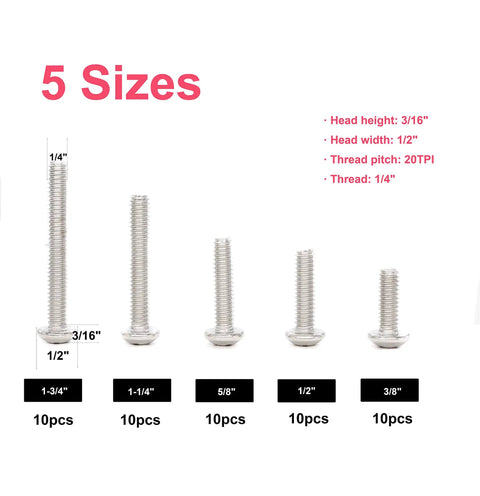 Heavy Duty 50 Piece 1/4 20 Phillips Pan Head Machine Screw Kit With Ridiculously Tough 304 Stainless Steel, showing five sizes of screws.