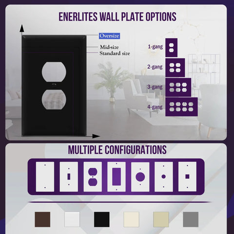 Oversized 1-Gang Wall Plate For Duplex Receptacles, Jumbo Black Glossy Outlet Cover, dimensions 5.51 by 3.50 inches, configurations shown