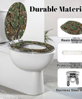 Elongated Resin Toilet Seat for Bathroom with camouflage pattern, durable resin material, and stainless steel hinge.