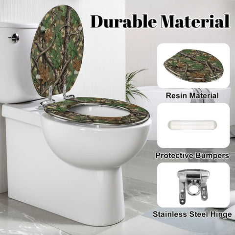 Elongated Resin Toilet Seat for Bathroom with camouflage pattern, durable resin material, and stainless steel hinge.